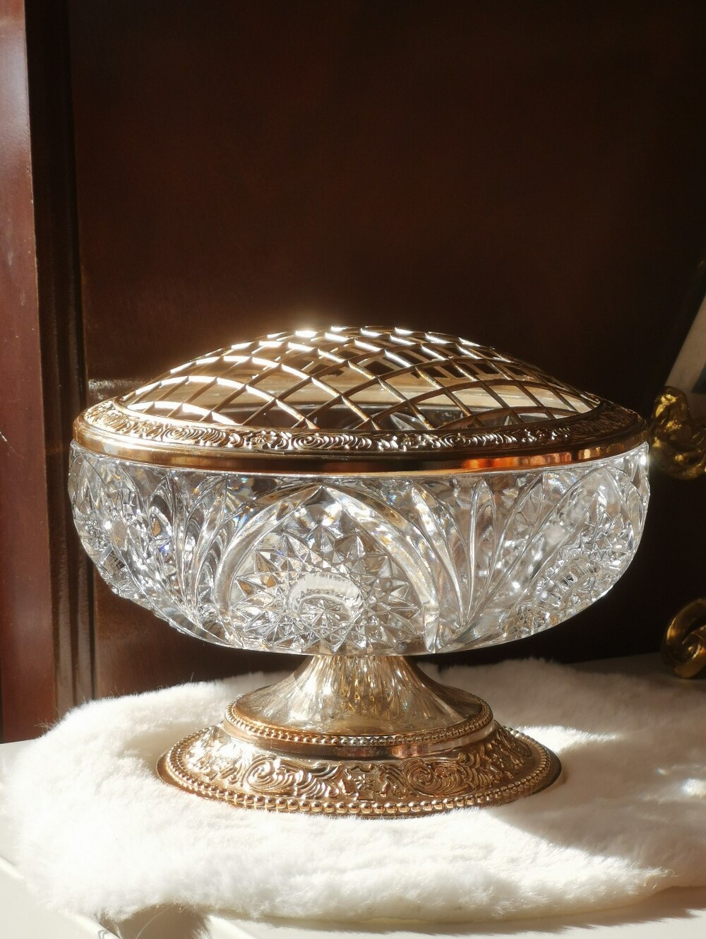 Mayell England Queen Anne Cut Clear Crystal EP On Zinc Covered Footed Compote